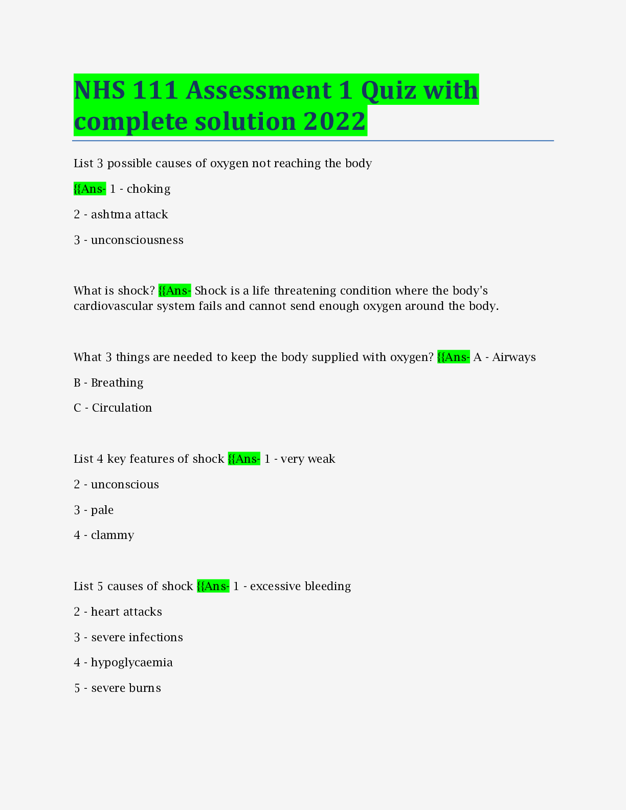 Preview image of NHS 111 Assessment 1 Quiz with complete solution 2022 document